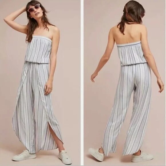 Anthropologie Drew Emerson Multicolor Striped Strapless Open Leg Linen Jumpsuit - Picture 9 of 9